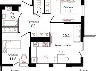 Двухкомнатная квартира на продажу, 61.6 м2, Краснодар, ЖК Отражение