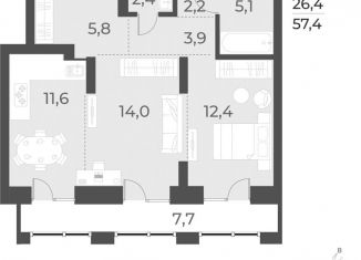 2-комнатная квартира на продажу, 57.4 м2, Новосибирск, Заельцовский район, жилой комплекс Русское солнце, 2