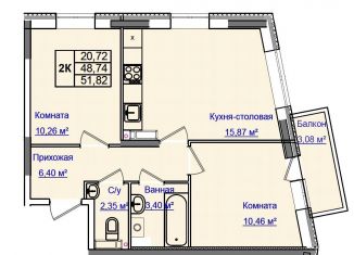 2-комнатная квартира на продажу, 51.8 м2, Ульяновск, проспект Маршала Устинова, 25, Заволжский район