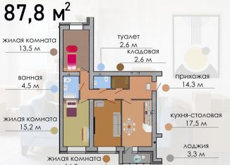 Продается трехкомнатная квартира, 87.8 м2, Воронеж