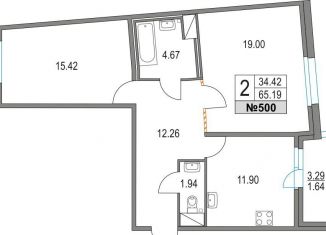 Двухкомнатная квартира на продажу, 65.2 м2, Санкт-Петербург, Коломяжский проспект, 13к3, муниципальный округ Комендантский Аэродром