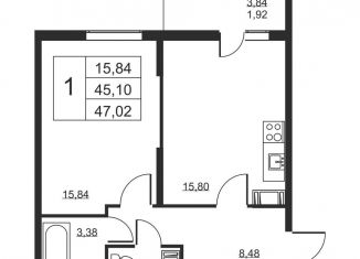 Продам 1-комнатную квартиру, 47 м2, Ленинградская область
