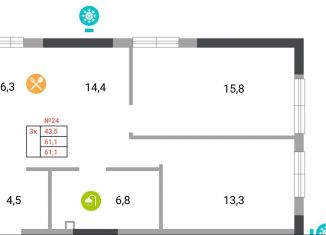 3-комнатная квартира на продажу, 61.1 м2, Симферополь, ЖК Альфа