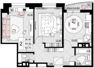 Продам двухкомнатную квартиру, 50.7 м2, Анапа