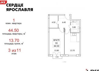1-ком. квартира на продажу, 44.5 м2, Ярославль, ЖК Сердце Ярославля