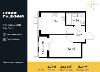 Продается 1-ком. квартира, 33.3 м2, Пушкино, микрорайон Новое Пушкино, к28