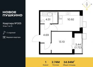 Продам 1-ком. квартиру, 34.9 м2, Пушкино, микрорайон Новое Пушкино, к27