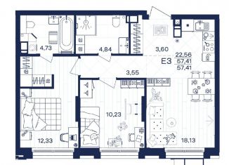 Продам 2-ком. квартиру, 57.4 м2, Тула