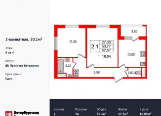 Продажа двухкомнатной квартиры, 50.1 м2, Санкт-Петербург, проспект Ветеранов, 202, муниципальный округ Сосновая Поляна
