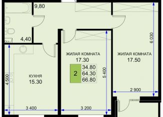 Двухкомнатная квартира на продажу, 66.8 м2, Краснодарский край, Екатерининская улица, 5к2