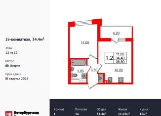 Продаю однокомнатную квартиру, 34.4 м2, Санкт-Петербург, метро Озерки