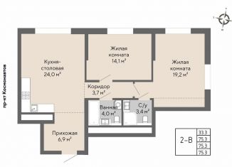 Продается 2-комнатная квартира, 75.3 м2, Екатеринбург, метро Проспект Космонавтов, проспект Космонавтов, 100