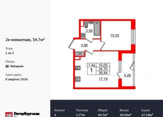 1-комнатная квартира на продажу, 34.7 м2, Санкт-Петербург, Московский район