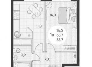 Продается 1-комнатная квартира, 35.7 м2, посёлок городского типа Яблоновский