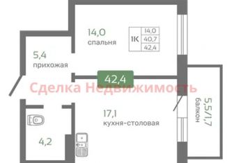 1-ком. квартира на продажу, 42.4 м2, Красноярск, Октябрьский район