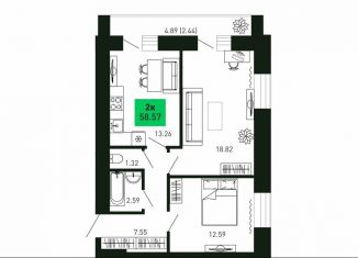 Продается 2-комнатная квартира, 58.6 м2, деревня Шутовщина