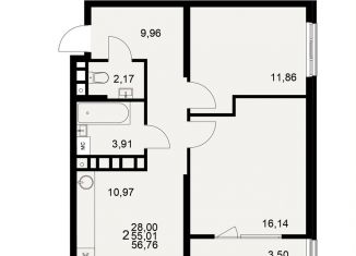 Продаю двухкомнатную квартиру, 56.8 м2, Рязань