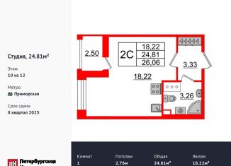 Продаю квартиру студию, 24.8 м2, Санкт-Петербург, метро Приморская, Уральская улица, 25