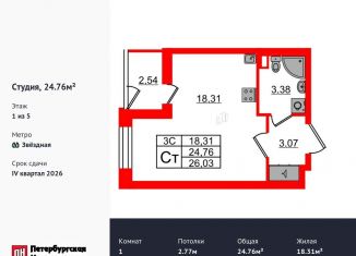 Продаю квартиру студию, 24.8 м2, Санкт-Петербург, Московский район