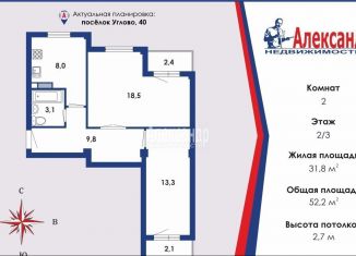 Продажа 2-комнатной квартиры, 52.2 м2, поселок Углово, посёлок Углово, 40