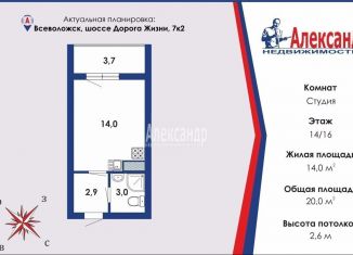 Продажа квартиры студии, 20 м2, Всеволожск, шоссе Дорога Жизни, 7к2, ЖК Северный вальс