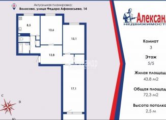 Продам 3-комнатную квартиру, 72.3 м2, Волосово, улица Федора Афанасьева, 14