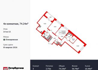 Продам трехкомнатную квартиру, 74.2 м2, Санкт-Петербург, метро Елизаровская