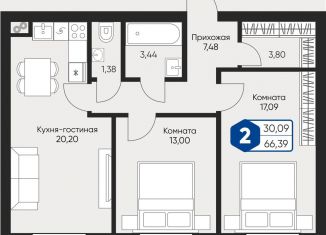 2-ком. квартира на продажу, 66.4 м2, село Озерецкое, бульвар Радости, 18