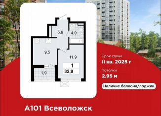 1-комнатная квартира на продажу, 32.9 м2, Ленинградская область, ЖК А101 Всеволожск, 1.3