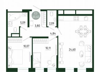 Продается 2-комнатная квартира, 60.6 м2, Тула