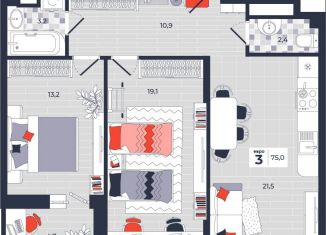 Продам 3-комнатную квартиру, 75 м2, Тула