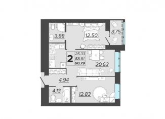 Продается 2-ком. квартира, 60.8 м2, Брянск