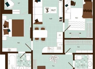 Продам трехкомнатную квартиру, 55.7 м2, Тула