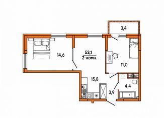 Двухкомнатная квартира на продажу, 50.7 м2, Ульяновск, улица Варейкиса, 48, ЖК Заря