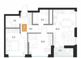 2-ком. квартира на продажу, 57.5 м2, Курск