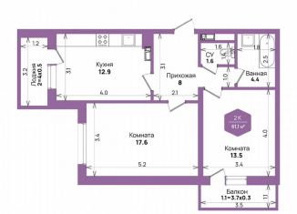 Продам 2-комнатную квартиру, 61.1 м2, Краснодар, улица Героя Владислава Посадского, 14/1, Прикубанский округ