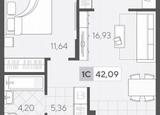 Однокомнатная квартира на продажу, 42.1 м2, Тюмень, Ленинский округ