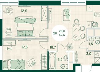 Продается 2-комнатная квартира, 52.4 м2, посёлок городского типа Яблоновский