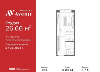 Продается квартира студия, 26.7 м2, Санкт-Петербург, Магнитогорская улица, 51литЗ, метро Ладожская