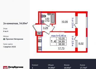 Продается 1-комнатная квартира, 34.9 м2, посёлок Стрельна