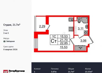 Продается квартира студия, 21.7 м2, Санкт-Петербург, муниципальный округ Пулковский Меридиан