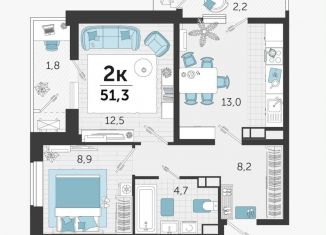 Продам 2-ком. квартиру, 51.3 м2, Краснодар, улица Автолюбителей, 1Гк1, ЖК Стрижи