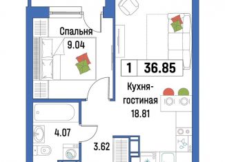 1-комнатная квартира на продажу, 36.9 м2, Мурино, ЖК Урбанист