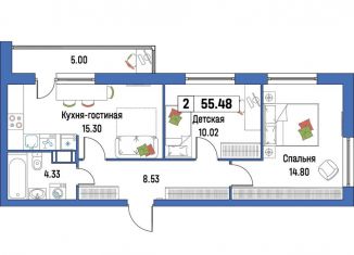 Продам 2-комнатную квартиру, 55.5 м2, Мурино, ЖК Урбанист