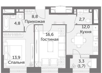 2-комнатная квартира на продажу, 60.5 м2, Москва