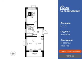 Продаю 2-комнатную квартиру, 51.1 м2, Московская область, Киевское шоссе, с1