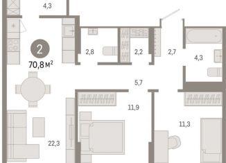 2-ком. квартира на продажу, 70.8 м2, Екатеринбург, улица Пехотинцев, 2Г, улица Пехотинцев