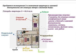 Продаю 3-ком. квартиру, 60.4 м2, Новосибирск, метро Берёзовая роща, улица Федосеева, 10