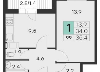 1-комнатная квартира на продажу, 35.4 м2, Хотьково