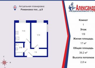 1-ком. квартира на продажу, 39.2 м2, поселок Романовка, посёлок Романовка, 9